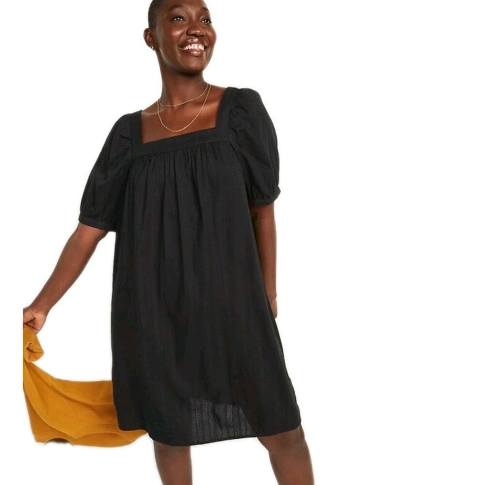 Old Navy Puff-Sleeve Dobby Mini Swing DressBlack Plus Size 2X Peasant Casual - Picture 3 of 12